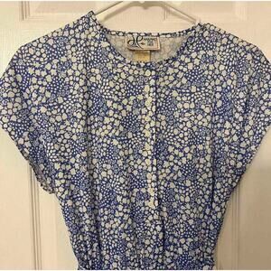 Vintage 70's Blue and White Floral Short Sleeve Dress Haband for Her Size M/L